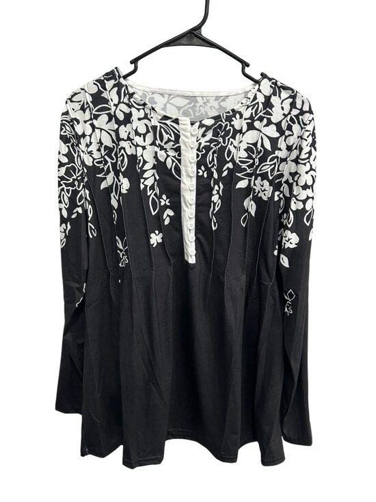 Tops - Floral Pintuck Long Sleeve Henley Top Black White Polyester Blend Boho Office